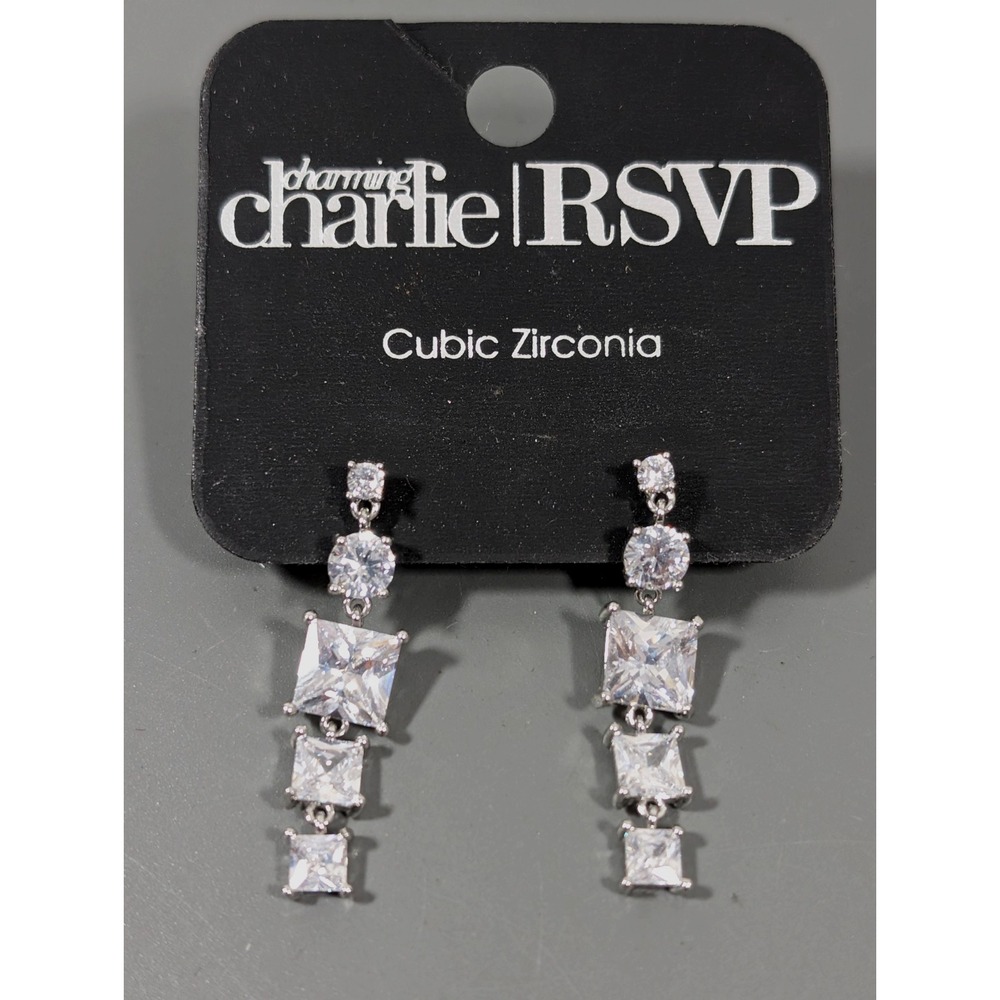 Charming Charlie RSVP Square CZ Dangle Earrings Tennis Stacked‎ Linear Sparkle